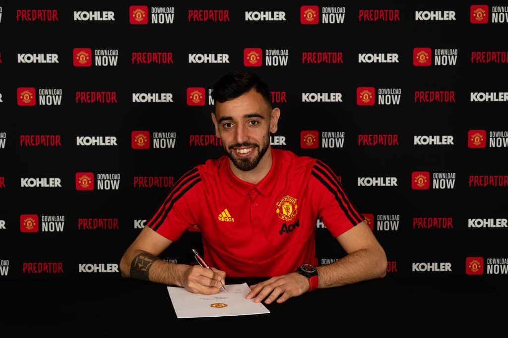 MANCHESTER, ENGLAND - JANUARY 30: (EXCLUSIVE COVERAGE) Bruno Fernandes of Manchester United poses after signing for the club at Aon Training Complex on January 30, 2020 in Manchester, England.
