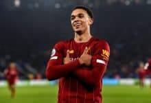 LEICESTER, ENGLAND - DECEMBER 26: (THE SUN OUT, THE SUN ON SUNDAY OUT) Trent Alexander-Arnold of Liverpool celebrating after scoring a goal during the Premier League match between Leicester City and Liverpool FC at The King Power Stadium on December 26, 2019 in Leicester, United Kingdom.