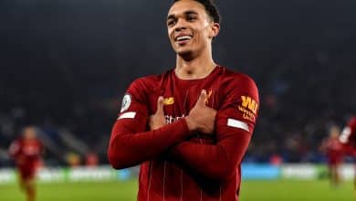 LEICESTER, ENGLAND - DECEMBER 26: (THE SUN OUT, THE SUN ON SUNDAY OUT) Trent Alexander-Arnold of Liverpool celebrating after scoring a goal during the Premier League match between Leicester City and Liverpool FC at The King Power Stadium on December 26, 2019 in Leicester, United Kingdom.