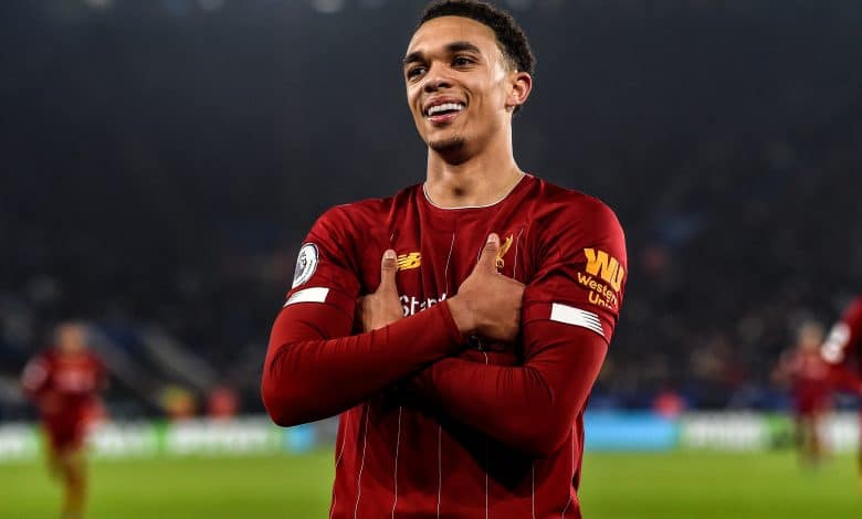LEICESTER, ENGLAND - DECEMBER 26: (THE SUN OUT, THE SUN ON SUNDAY OUT) Trent Alexander-Arnold of Liverpool celebrating after scoring a goal during the Premier League match between Leicester City and Liverpool FC at The King Power Stadium on December 26, 2019 in Leicester, United Kingdom.