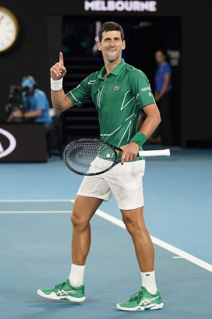 MELBOURNE, AUSTRALIA - JANUARY 30: Novak Djokovic of Serbia celebrates after winning a point during his Men's Singles Semifinal match against Roger Federer of Switzerland on day eleven of the 2020 Australian Open at Melbourne Park on January 30, 2020 in Melbourne, Australia. 