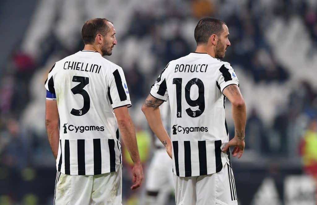 TURIN, ITALY - OCTOBER 17: Giorgio Chiellini of Juventus (L) and Leonardo Bonucci of Juventus (R) during the Serie A match between Juventus and AS Roma at Allianz Stadium on October 17, 2021 in Turin, Italy. 