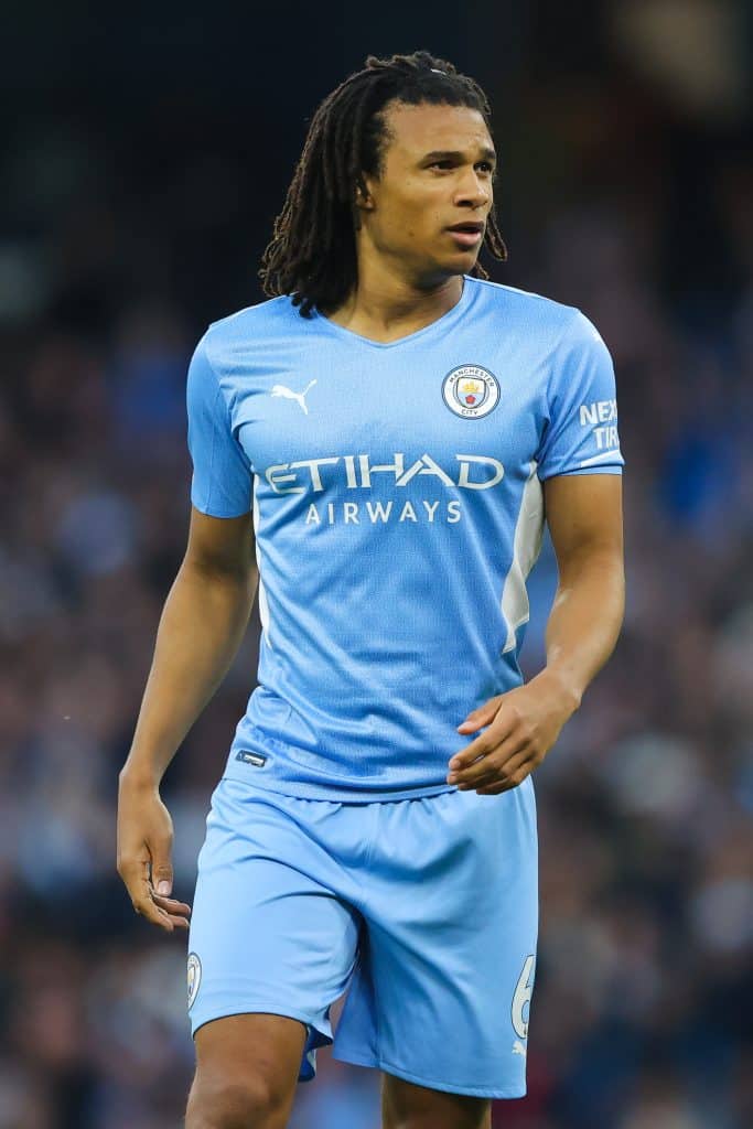 MANCHESTER, ENGLAND - APRIL 20: Nathan Ake of Manchester City during the Premier League match between Manchester City and Brighton & Hove Albion at Etihad Stadium on April 20, 2022 in Manchester, England. 