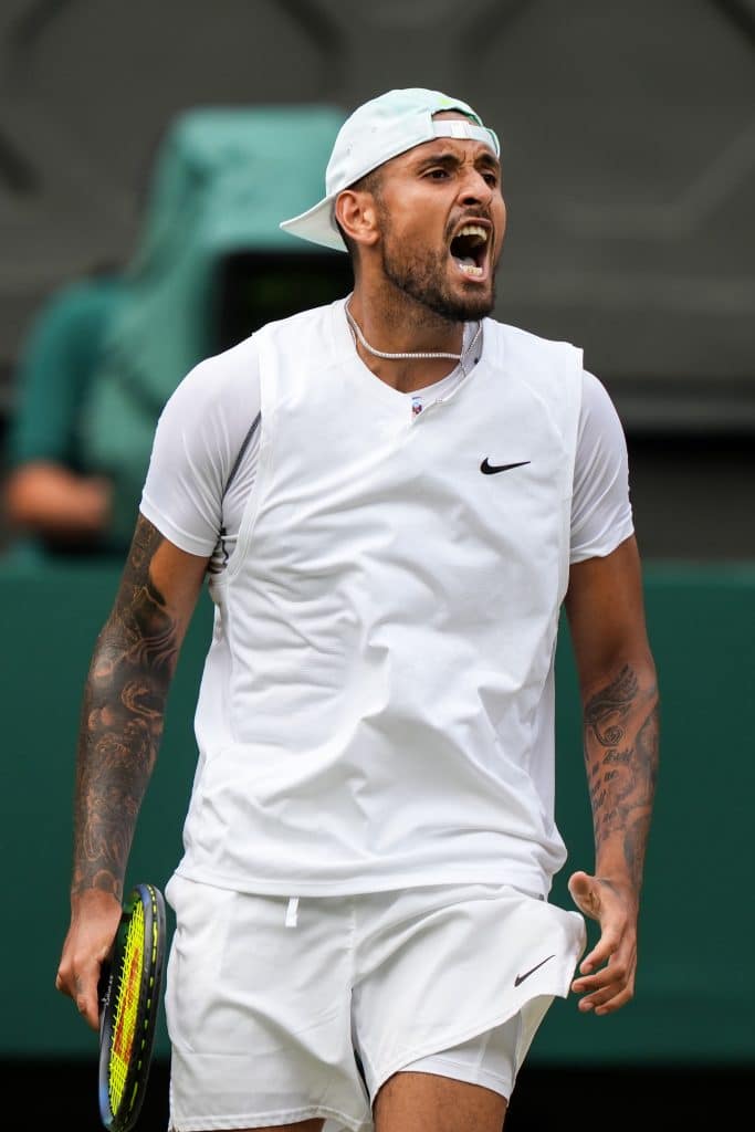 LONDON, ENGLAND - JULY 04: Nick Kyrgios of Australia reacts in the Men's Singles Fourth Round Match against Brandon Nakashima of The United States during day eight of The Championships Wimbledon 2022 at All England Lawn Tennis and Croquet Club on July 04, 2022 in London, England. 