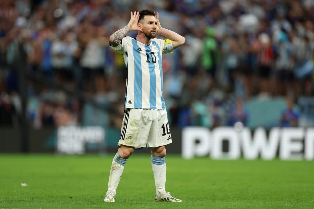 LUSAIL CITY, QATAR - DECEMBER 09: Lionel Messi of Argentina celebrates after scoring the team's second goal during the FIFA World Cup Qatar 2022 quarter final match between Netherlands and Argentina at Lusail Stadium on December 09, 2022 in Lusail City, Qatar.