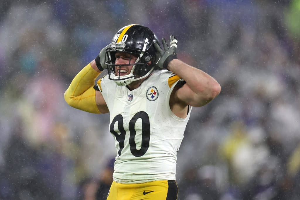 BALTIMORE, MARYLAND - JANUARY 06: Linebacker T.J. Watt #90 of the Pittsburgh Steelers celebrates a sack against the Baltimore Ravens at M&T Bank Stadium on January 06, 2024 in Baltimore, Maryland.
