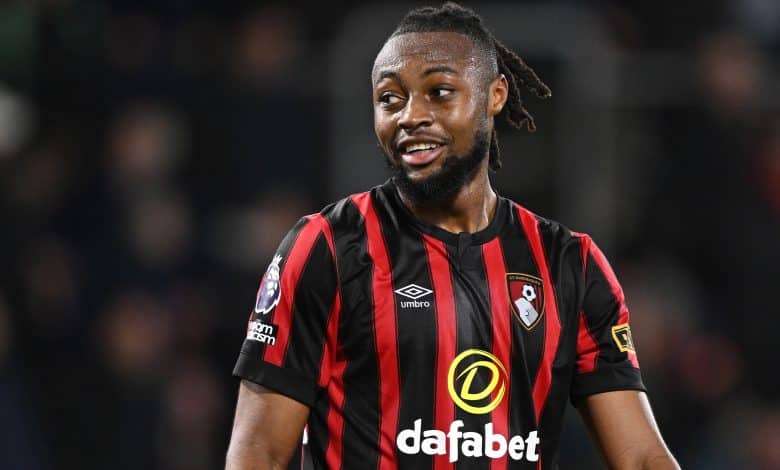BOURNEMOUTH, ENGLAND - MARCH 13: Antoine Semenyo of Bournemouth looks on during the Premier League match between AFC Bournemouth and Luton Town at Vitality Stadium on March 13, 2024 in Bournemouth, England. This fixture was re-scheduled after the initial match was abandoned due to Luton Town's captain Tom Lockyer suffering a cardiac arrest after 58 minutes with the score at 1-1.
