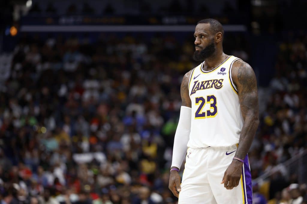 LeBron James #23 of the Los Angeles Lakers waits for a free throw during a game against the New Orleans Pelicans at Smoothie King Center on April 14, 2024 in New Orleans, Louisiana.  The Lakers defeated the Pelicans 124-108.  NOTE TO USER: User expressly acknowledges and agrees that, by downloading and or using this photograph, User is consenting to the terms and conditions of the Getty Images License Agreement. 