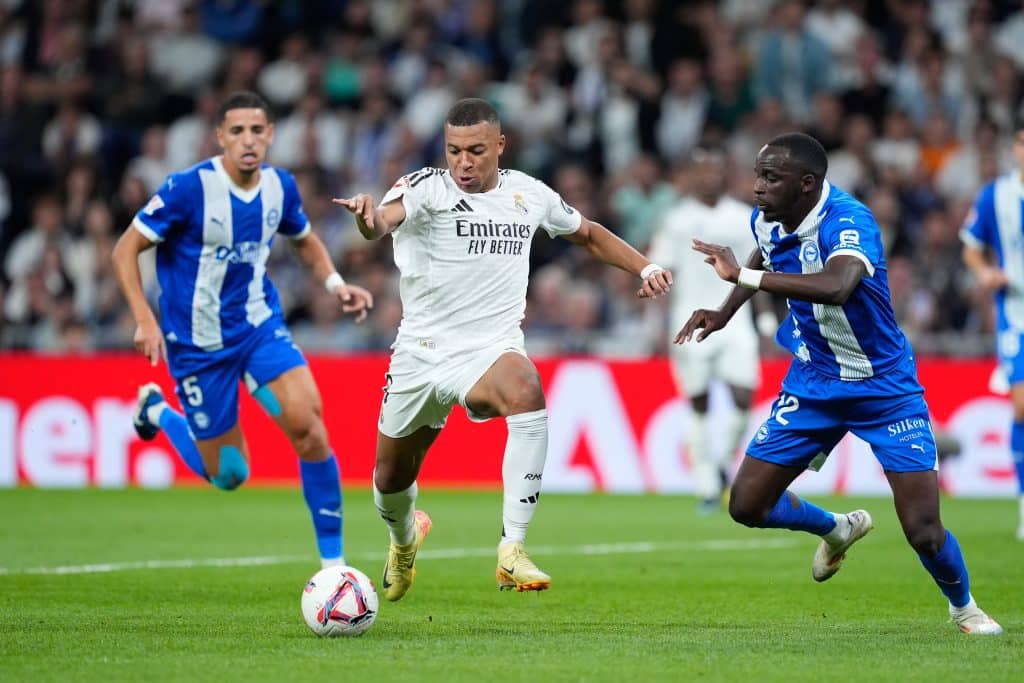 MADRID, SPAIN - SEPTEMBER 24: Kylian Mbappe of Real Madrid shoots for goal during the Spanish League, LaLiga EA Sports, football match played between Real Madrid and Deportivo Alaves at Santiago Bernabeu stadium on September 24, 2024, in Madrid, Spain. 