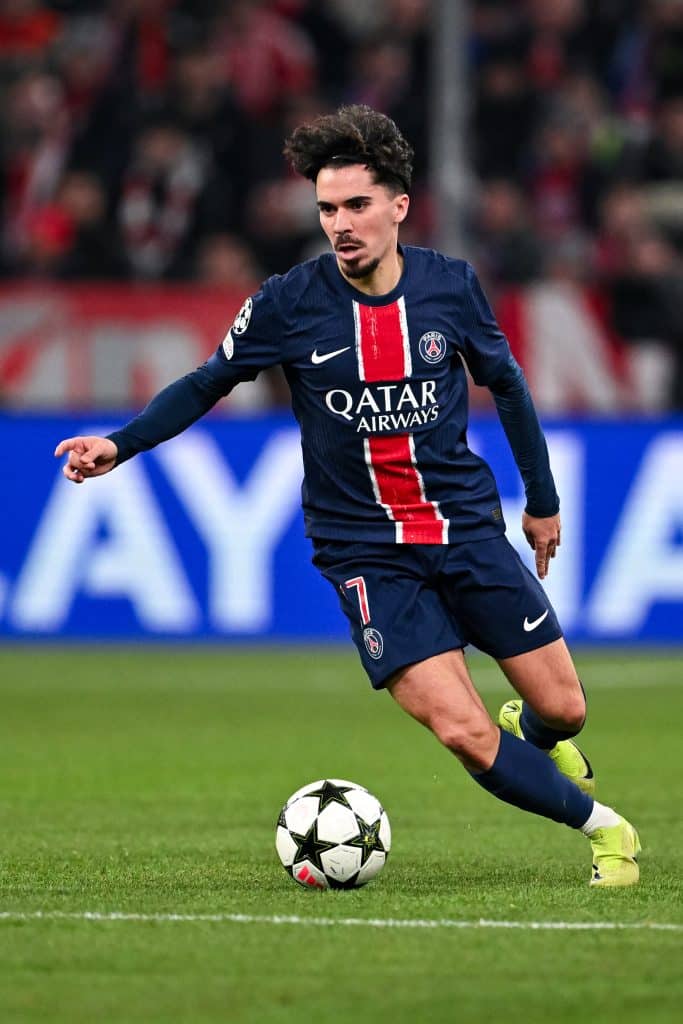 MUNICH, GERMANY - NOVEMBER 26: Vitinha of Paris Saint-Germain in action during the UEFA Champions League 2024/25 League Phase MD5 match between FC Bayern München and Paris Saint-Germain at Football Arena Munich on November 26, 2024 in Munich, Germany. 