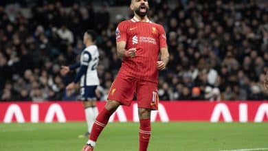 LONDON, ENGLAND - DECEMBER 22: Mohamed Salah of Liverpool celebrates scoring the first of his two goals during the Premier League match between Tottenham Hotspur FC and Liverpool FC at Tottenham Hotspur Stadium on December 22, 2024 in London, England.