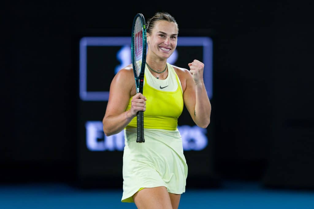 MELBOURNE, AUSTRALIA - JANUARY 21: Aryna Sabalenka celebrates winning match point against Anastasia Pavlyuchenkova in the Women's Singles Quarterfinal during day 10 of the 2025 Australian Open at Melbourne Park on January 21, 2025 in Melbourne, Australia.