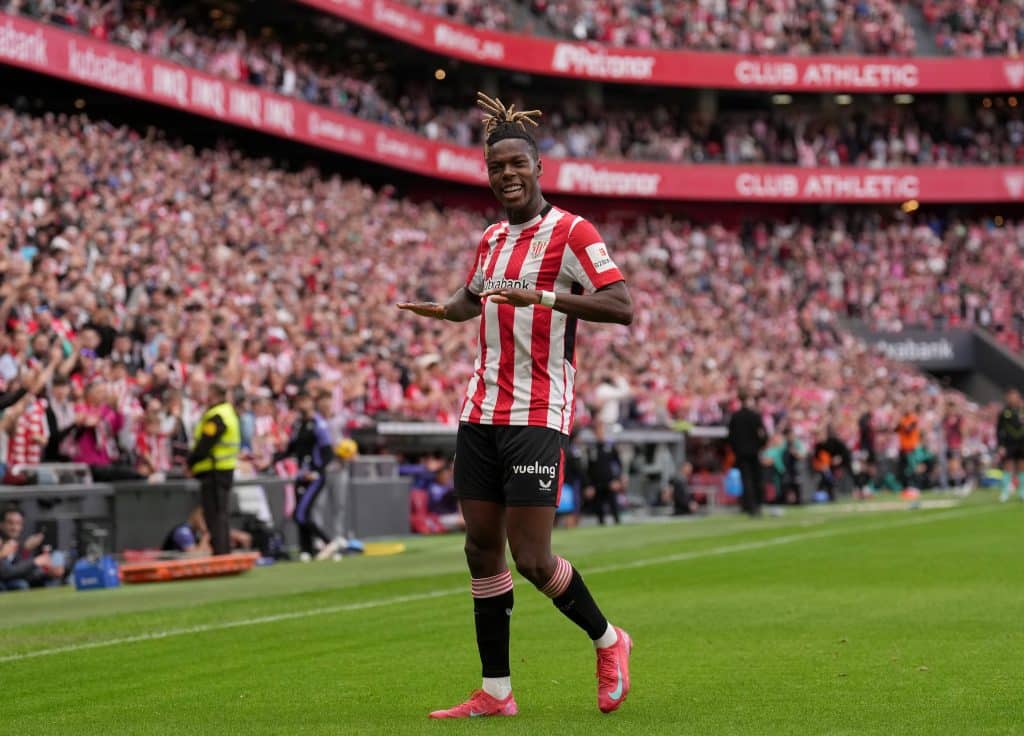Nico Williams of Athletic Club celebrates scoring his team's second goal during the LaLiga match between Athletic Club and Real Valladolid CF at Estadio de San Mames on February 23, 2025 in Bilbao, Spain.