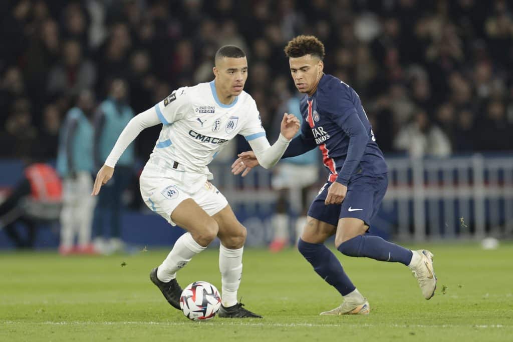 Paris, France - March 16: Mason Greenwood of Olympique Marseille in action during the Ligue 1 football match between Paris Saint-Germain and Olympique de Marseille at Parc des Princes stadium on March 16, 2025 in Paris, France.
