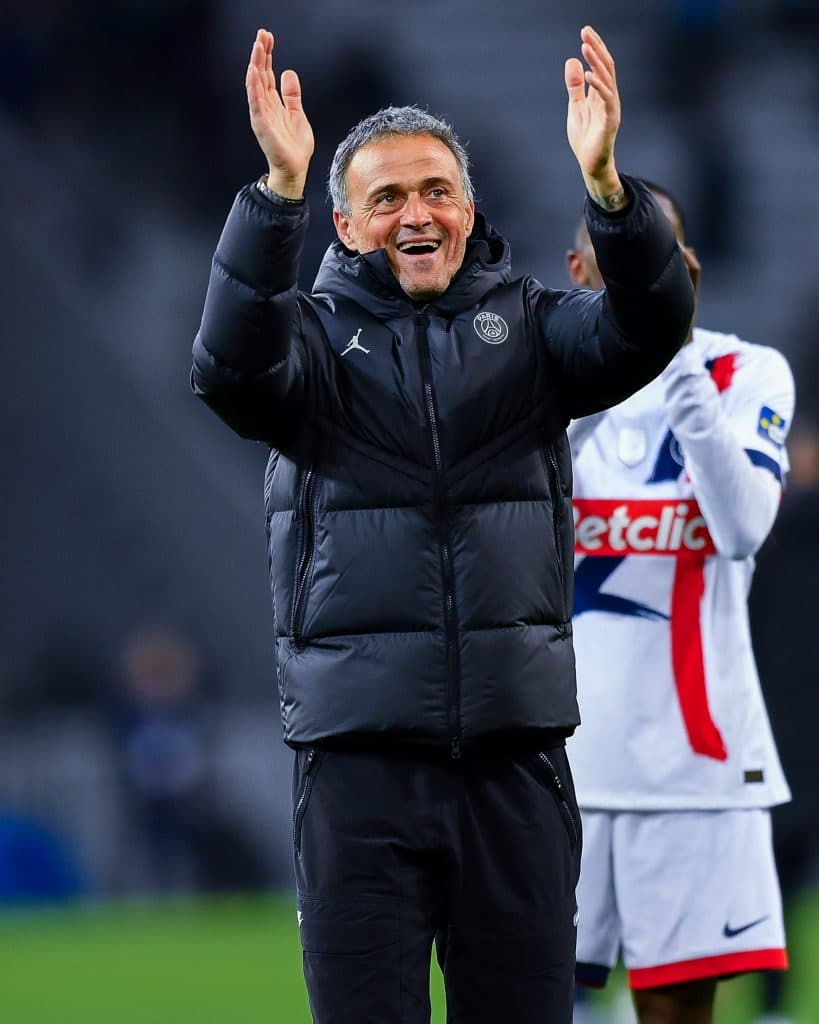 LILLE, FRANCE - APRIL 01: Luis Enrique, Head coach of PSG celebrates victory at full-time following the French Cup 2024/2025 semifinal match between USL Dunkerque and Paris Saint Germain at Stade Pierre Mauroy on April 01, 2025 in Lille, France. 