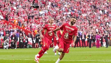 Liverpool's Mohamed Salah (right) and team-mates celebrate victory and the Premier League title following the Premier League match at Anfield, Liverpool. Picture date: Sunday April 27, 2025.