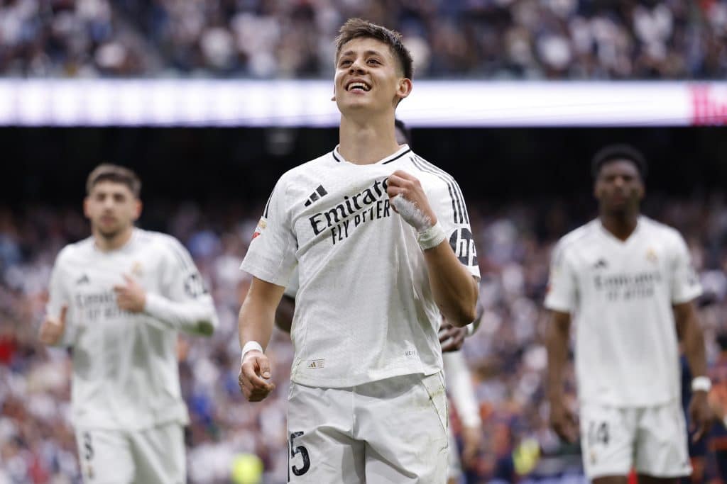 Arda Guler player of Real Madrid celebrates after scoring a goal during the La Liga match between Real Madrid CF and RC Celta de Vigo at Estadio Santiago Bernabeu on May 04, 2025 in Madrid, Spain.