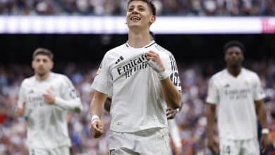 MADRID, SPAIN - MAY 04: Arda Guler player of Real Madrid celebrates after scoring a goal during the La Liga match between Real Madrid CF and RC Celta de Vigo at Estadio Santiago Bernabeu on May 04, 2025 in Madrid, Spain.
