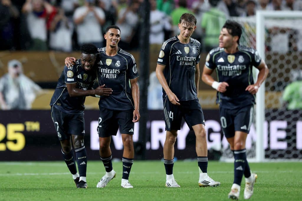 Vinicius Junior #7 of Real Madrid C.F. celebrates scoring his team's first goal with Trent Alexander-Arnold #12, Dean Huijsen #24 and Fran Garcia #20 of Real Madrid C.F. during the FIFA Club World Cup 2025 group H match between FC Red Bull Salzburg and Real Madrid CF at Lincoln Financial Field on June 26, 2025 in Philadelphia, Pennsylvania.
