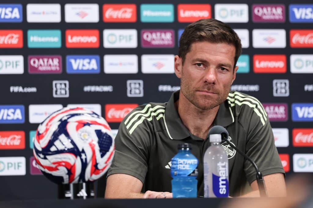 Xabi Alonso, head coach of Real Madrid speaks during the Press Conference ahead of their FIFA Club World Cup 2025 match against Juventus at Hard Rock Stadium on June 30, 2025 in Miami Gardens, Florida.