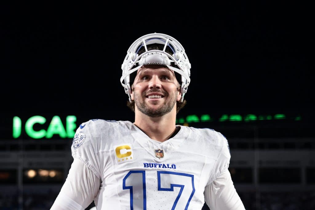 ORCHARD PARK, NEW YORK - OCTOBER 5: Josh Allen #17 of the Buffalo Bills reacts prior to the game against the New England Patriots at Highmark Stadium on October 5, 2025 in Orchard Park, New York.