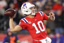 FOXBOROUGH, MASSACHUSETTS - DECEMBER 01: Drake Maye #10 of the New England Patriots makes a pass during the first quarter of the game against the New York Giants at Gillette Stadium on December 01, 2025 in Foxborough, Massachusetts