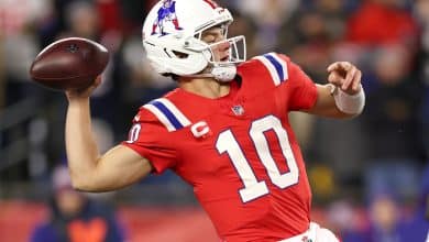 FOXBOROUGH, MASSACHUSETTS - DECEMBER 01: Drake Maye #10 of the New England Patriots makes a pass during the first quarter of the game against the New York Giants at Gillette Stadium on December 01, 2025 in Foxborough, Massachusetts