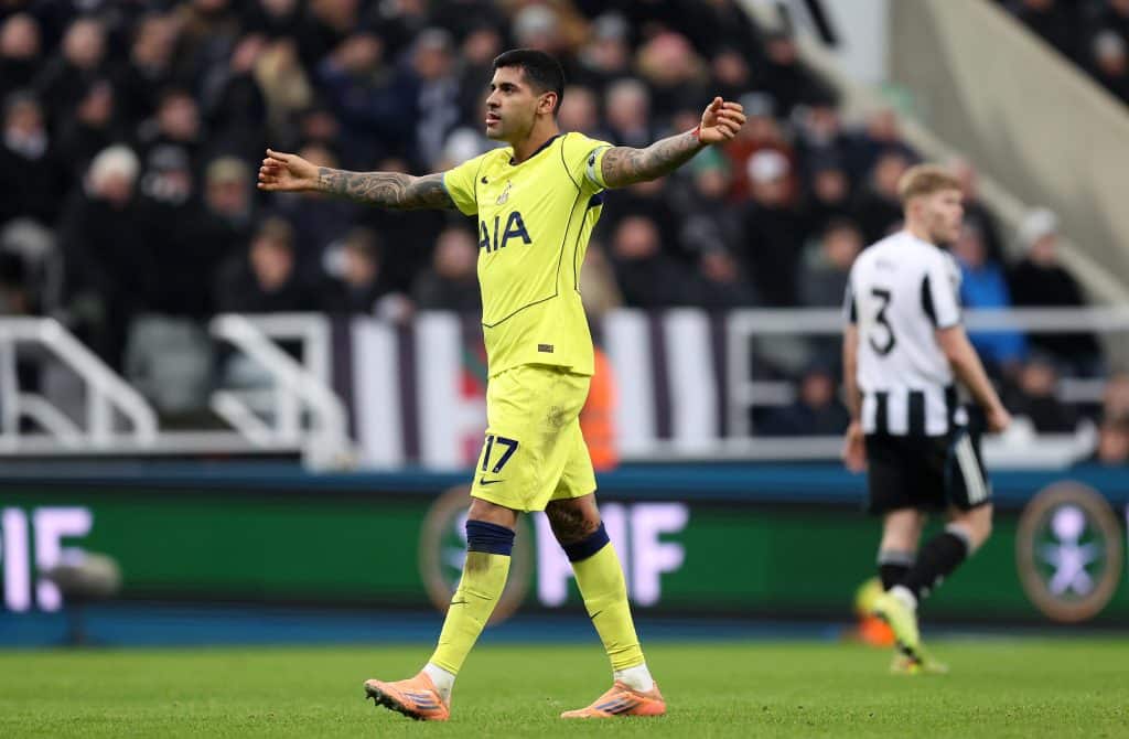 NEWCASTLE UPON TYNE, ENGLAND - DECEMBER 02: Cristian Romero of Tottenham Hotspur celebrates scoring his team's first goal during the Premier League match between Newcastle United and Tottenham Hotspur at St James' Park on December 02, 2025 in Newcastle upon Tyne, England. 