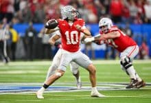 INDIANAPOLIS, IN - DECEMBER 06: Ohio State Buckeyes QB Julian Sayin (10) throws a pass during the Big Ten Championship football game between the Indiana Hoosiers and the Ohio State Buckeyes on December 6, 2025 at Lucas Oil Stadium in Indianapolis, IN.