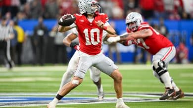 INDIANAPOLIS, IN - DECEMBER 06: Ohio State Buckeyes QB Julian Sayin (10) throws a pass during the Big Ten Championship football game between the Indiana Hoosiers and the Ohio State Buckeyes on December 6, 2025 at Lucas Oil Stadium in Indianapolis, IN.