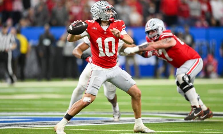 INDIANAPOLIS, IN - DECEMBER 06: Ohio State Buckeyes QB Julian Sayin (10) throws a pass during the Big Ten Championship football game between the Indiana Hoosiers and the Ohio State Buckeyes on December 6, 2025 at Lucas Oil Stadium in Indianapolis, IN.