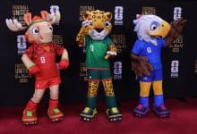 FIFA World Cup mascots Maple the Moose of Canada, Zayu the Jaguar of Mexico, and Clutch the Eagle