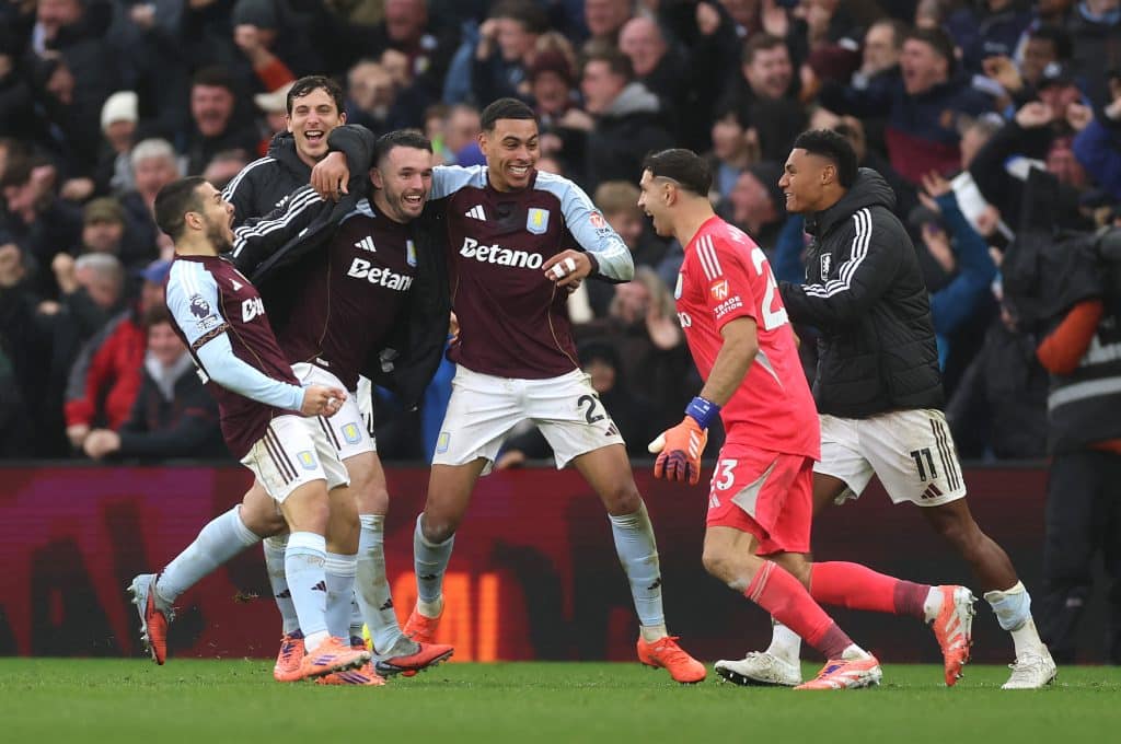 BIRMINGHAM, ENGLAND - DECEMBER 06: Emi Buendia of Aston Villa (L) celebrates scoring his team's second goal with teammates during the Premier League match between Aston Villa and Arsenal at Villa Park on December 06, 2025 in Birmingham, England. 
