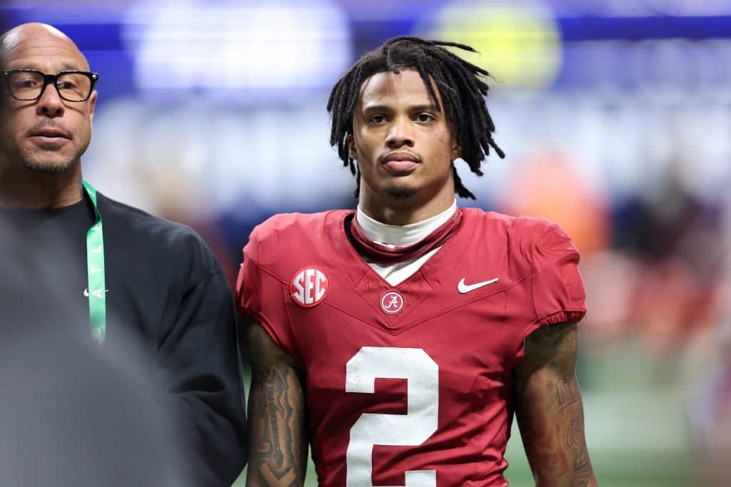 Ryan Williams #2 of the Alabama Crimson Tide walks off the field after losing to the Georgia Bulldogs 28-7 in the 2025 SEC Championship at Mercedes-Benz Stadium on December 06, 2025 in Atlanta, Georgia.