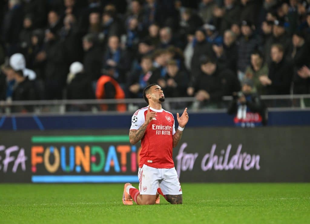 BRUGES, BELGIUM - DECEMBER 10: Arsenal's Gabriel Jesus prays on the final whistle after the UEFA Champions League 2025/26 League Phase MD6 match between Club Brugge KV and Arsenal FC at Jan Breydelstadion on December 10, 2025 in Bruges, Belgium.