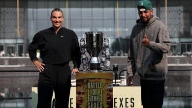 DUBAI, UNITED ARAB EMIRATES - DECEMBER 27: Aryna Sabalenka (L) and Nick Kyrgios of Australia pose for a photo during a press conference prior to the Battle of the Sexes match between Nick Kyrgios of Australia and Aryna Sabalenka at Atlantis The Royal on December 27, 2025 in Dubai, United Arab Emirates.