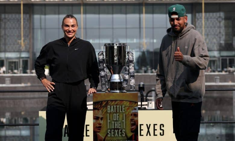 DUBAI, UNITED ARAB EMIRATES - DECEMBER 27: Aryna Sabalenka (L) and Nick Kyrgios of Australia pose for a photo during a press conference prior to the Battle of the Sexes match between Nick Kyrgios of Australia and Aryna Sabalenka at Atlantis The Royal on December 27, 2025 in Dubai, United Arab Emirates.