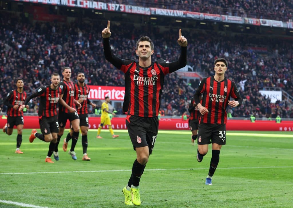 MILAN, ITALY - DECEMBER 28: Christian Pulisic of AC Milan celebrates after scoring the goal during the Serie A match between AC Milan and Hellas Verona FC at Giuseppe Meazza Stadium on December 28, 2025 in Milan, Italy. 