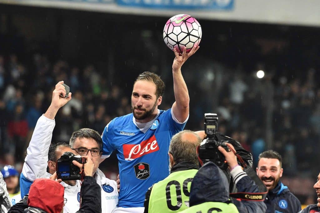 NAPLES, ITALY - 2016/05/14: Napoli's forward Gonzalo Higuain celebrates after scoring his 36th goal in the season during the Italian Serie A football match SSC Napoli versus Frosinone Calcio at the San Paolo stadium where  SSC Napoli beats Frosinone Calcio in 4-0 score. 