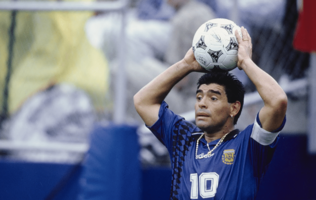 Argentine football player Diego Armando Maradona prepares to throw the World Cup ball