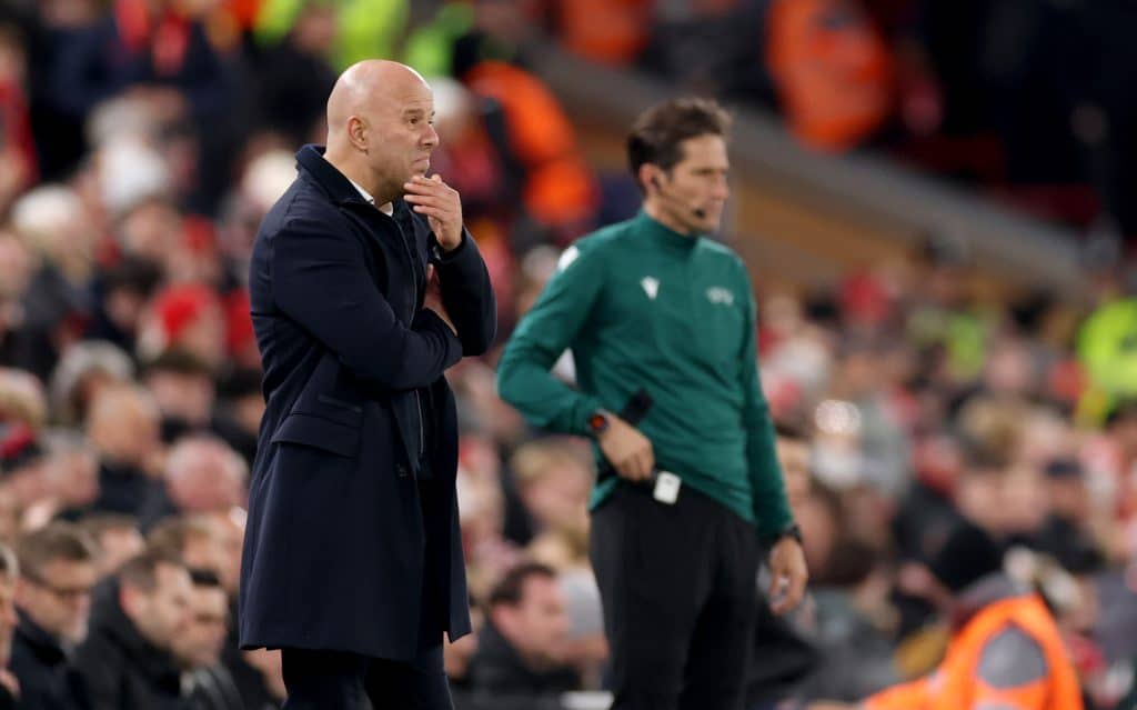 LIVERPOOL, ENGLAND - NOVEMBER 26:  Arne Slot, Manager of Liverpool, reacts during the UEFA Champions League 2025/26 League Phase MD5 match between Liverpool FC and PSV Eindhoven at Anfield on November 26, 2025 in Liverpool, England. 