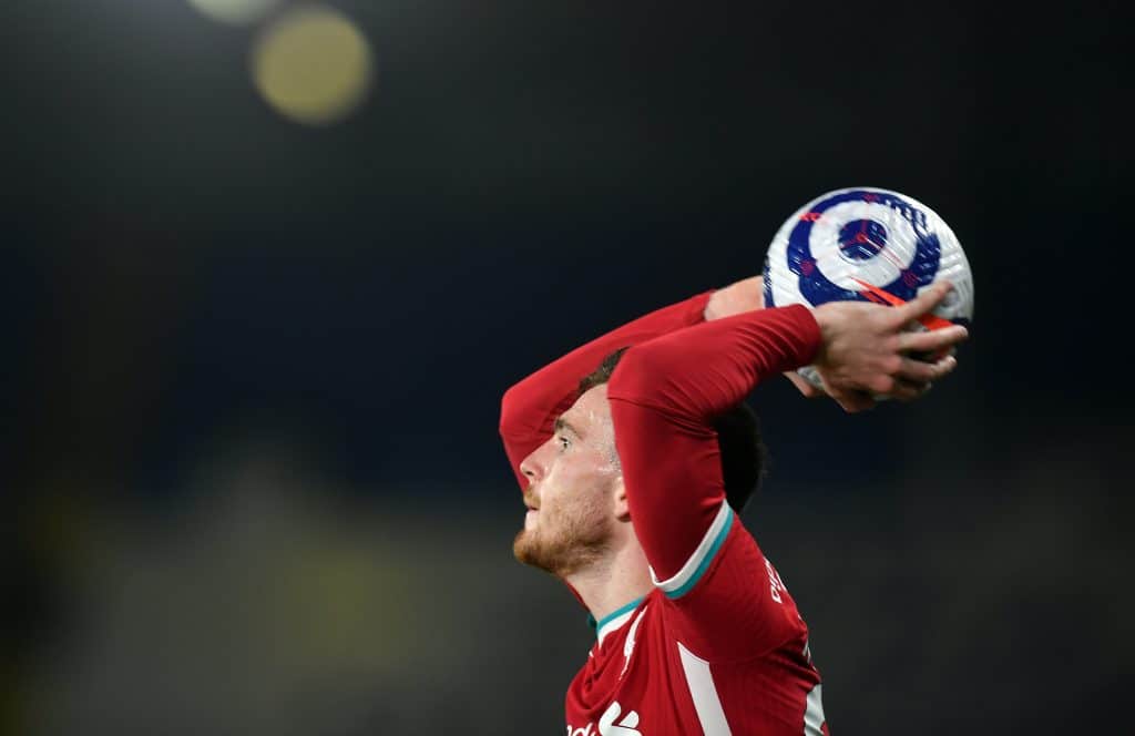 Liverpool's Andrew Robertson takes a throw in during the Premier League match at Elland Road, Leeds. Picture date: Monday April 19, 2021. 