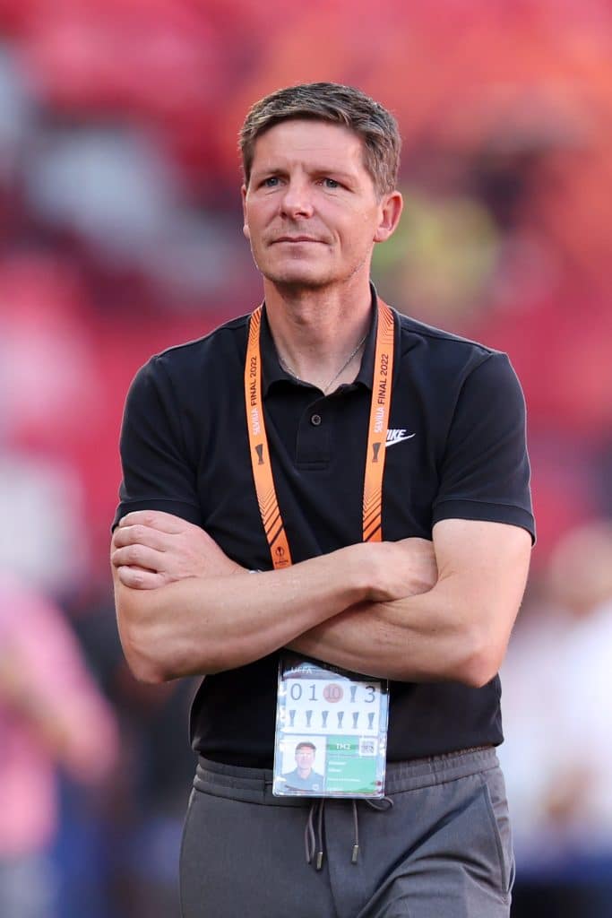 SEVILLE, SPAIN - MAY 17: Oliver Glasner, Head Coach of Eintracht Frankfurt looks on during the Eintracht Frankfurt Walk around at Estadio Ramon Sanchez Pizjuan on May 17, 2022 in Seville, Spain. Eintracht Frankfurt will face Rangers FC in the UEFA Europa League final on May 18, 2022. 