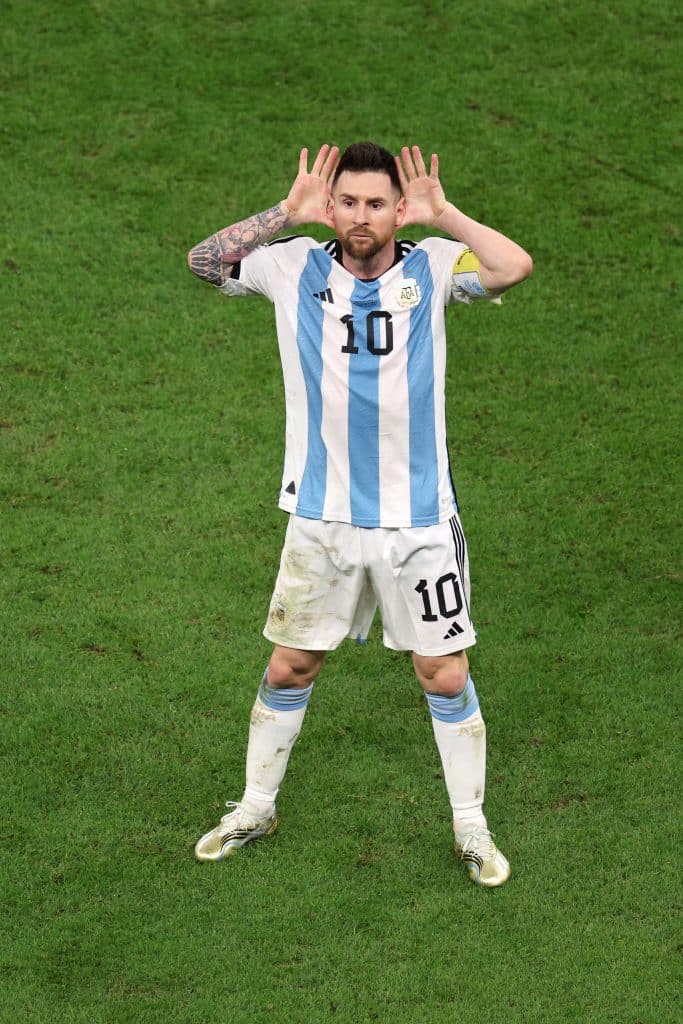 LUSAIL CITY, QATAR - DECEMBER 09: Lionel Messi of Argentina celebrates after scoring the team's second goal during the FIFA World Cup Qatar 2022 quarter final match between Netherlands and Argentina at Lusail Stadium on December 09, 2022 in Lusail City, Qatar.