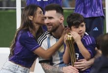 LUSAIL CITY, QATAR - DECEMBER 18: Lionel Messi of Argentina with his wife Antonella Roccuzzo and their sons celebrate following the FIFA World Cup Qatar 2022 Final match between Argentina and France at Lusail Stadium on December 18, 2022 in Lusail City, Qatar.