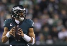 HILADELPHIA, PA - JANUARY 21: Jalen Hurts #1 of the Philadelphia Eagles looks to pass against the New York Giants during the NFC Divisional Playoff game at Lincoln Financial Field on January 21, 2023 in Philadelphia, Pennsylvania. (