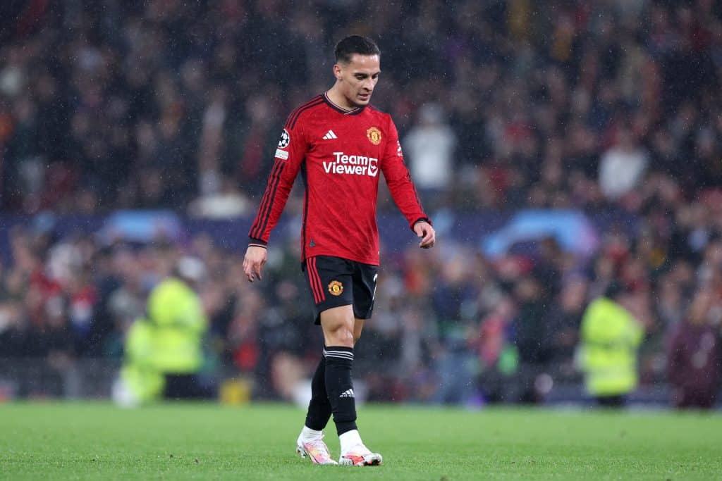 MANCHESTER, ENGLAND - OCTOBER 03: Antony of Manchester United looks dejected following the team's defeat during the UEFA Champions League match between Manchester United and Galatasaray A.S at Old Trafford on October 03, 2023 in Manchester, England.