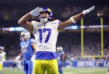 DETROIT, MICHIGAN - JANUARY 14: Puka Nacua #17 of the Los Angeles Rams celebrates after scoring a touchdown during the second quarter against the Detroit Lions in the NFC Wild Card Playoffs at Ford Field on January 14, 2024 in Detroit, Michigan.