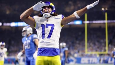 DETROIT, MICHIGAN - JANUARY 14: Puka Nacua #17 of the Los Angeles Rams celebrates after scoring a touchdown during the second quarter against the Detroit Lions in the NFC Wild Card Playoffs at Ford Field on January 14, 2024 in Detroit, Michigan.