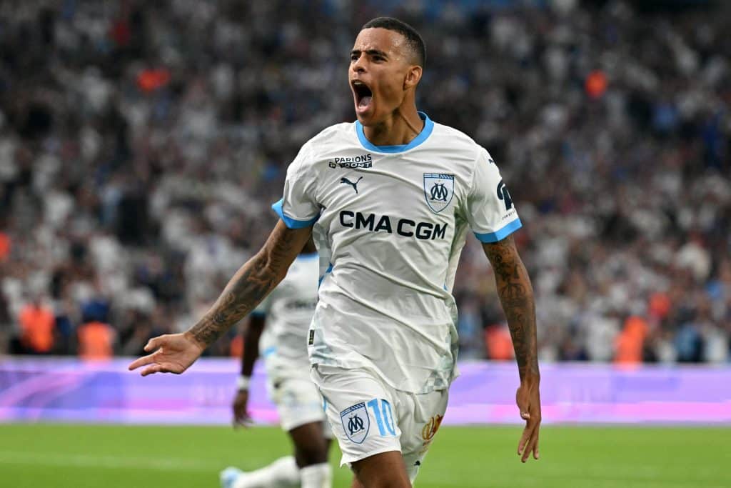 Marseille's English forward #10 Mason Greenwood celebrates after scoring his team's second goal during the French L1 football match between Olympique Marseille (OM) and Stade de Reim at Stade Velodrome in Marseille, southern France on August 25, 2024